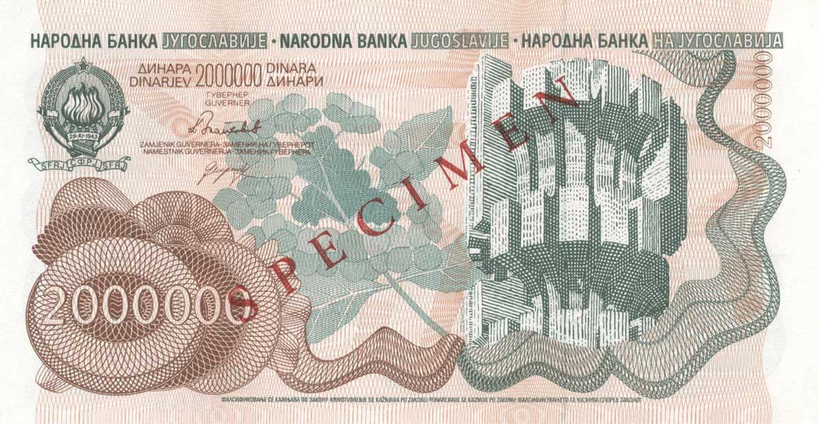 Back of Yugoslavia p100s: 2000000 Dinara from 1989