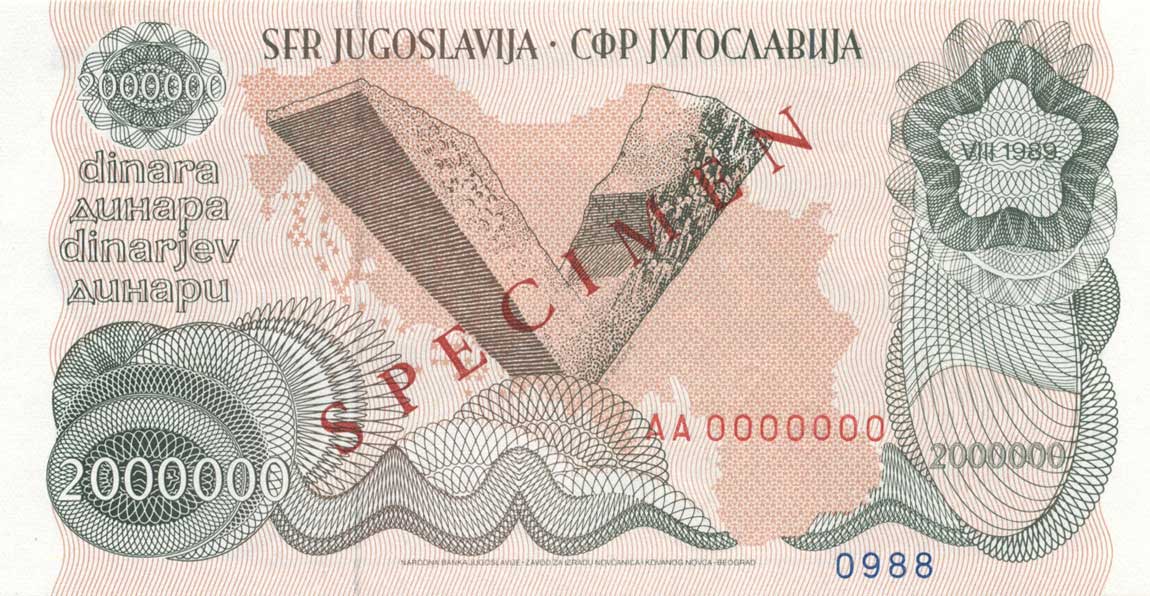 Front of Yugoslavia p100s: 2000000 Dinara from 1989