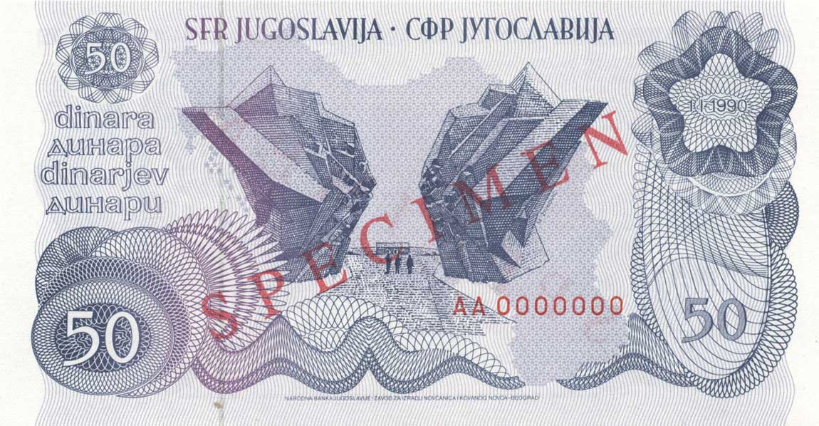 Front of Yugoslavia p101s: 50 Dinara from 1990