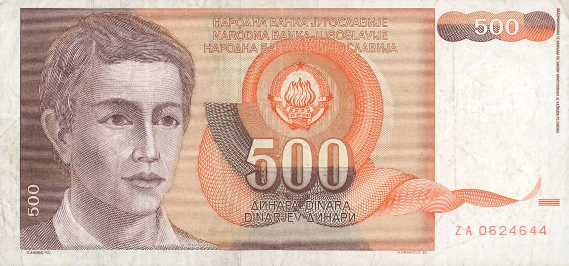 Front of Yugoslavia p109r: 500 Dinara from 1991