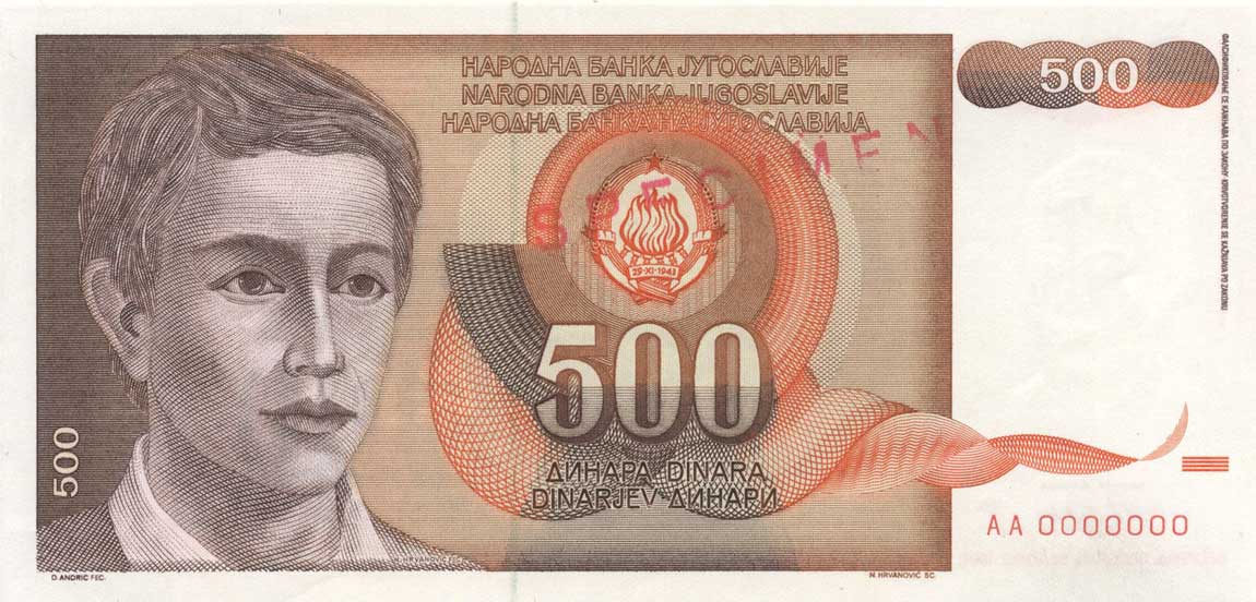 Front of Yugoslavia p109s: 500 Dinara from 1991