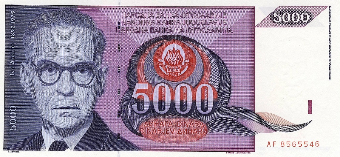 Front of Yugoslavia p111a: 5000 Dinara from 1991