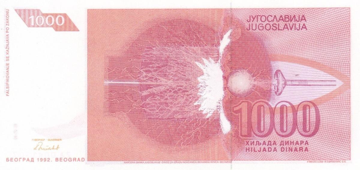 Back of Yugoslavia p114r: 1000 Dinara from 1992