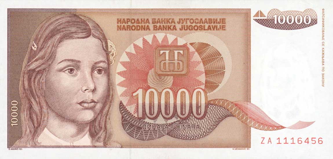 Front of Yugoslavia p116r: 10000 Dinara from 1992