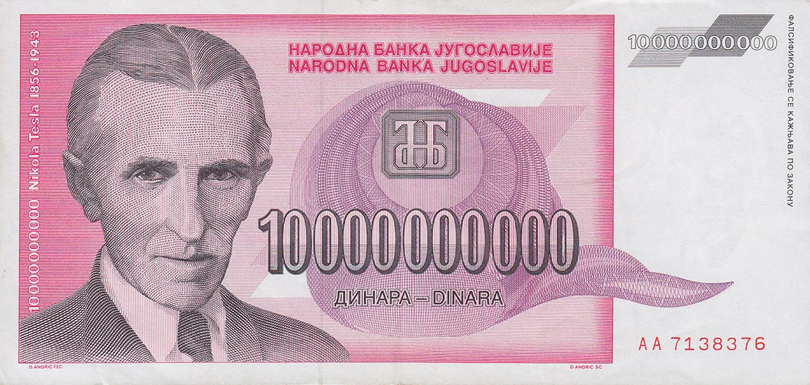 Front of Yugoslavia p127a: 10000000000 Dinara from 1993