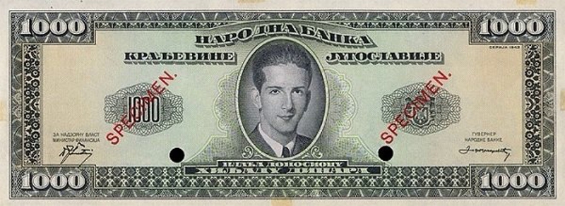 Front of Yugoslavia p35Fs: 1000 Dinara from 1943