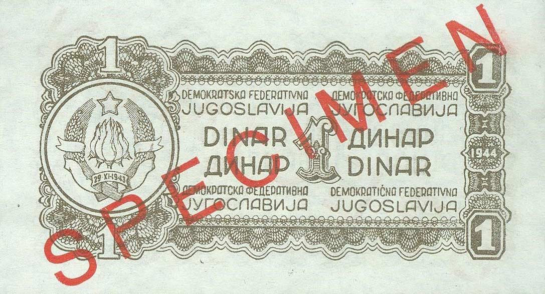 Back of Yugoslavia p48s: 1 Dinar from 1944