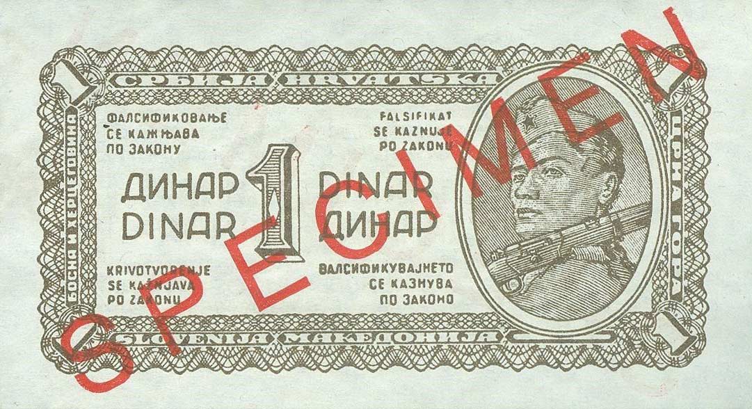 Front of Yugoslavia p48s: 1 Dinar from 1944