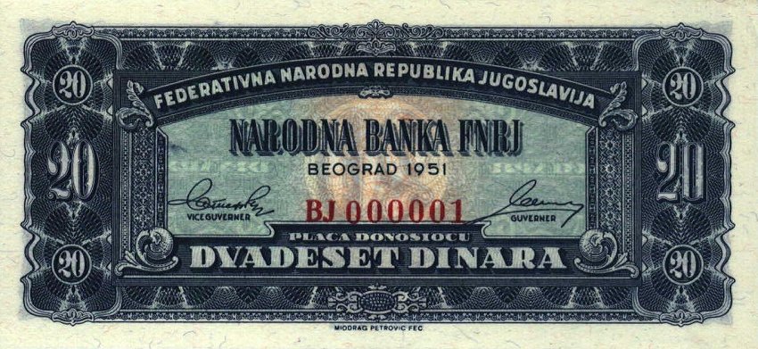 Front of Yugoslavia p67J: 20 Dinara from 1951
