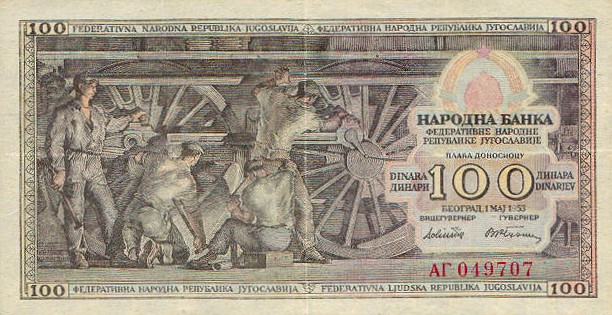 Front of Yugoslavia p68: 100 Dinara from 1953