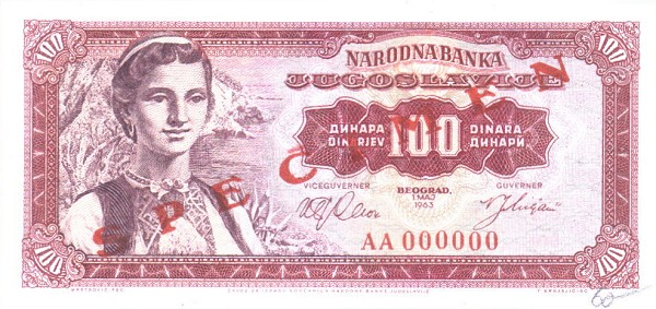 Front of Yugoslavia p73s: 100 Dinara from 1963