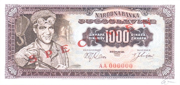 Front of Yugoslavia p75s: 1000 Dinara from 1963