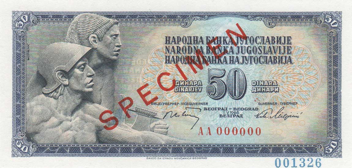 Front of Yugoslavia p83s: 50 Dinara from 1968