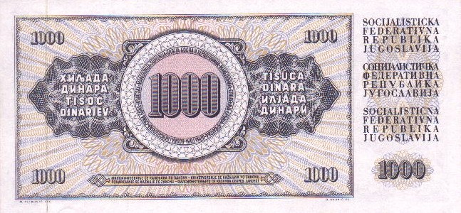 Back of Yugoslavia p92a: 1000 Dinara from 1978