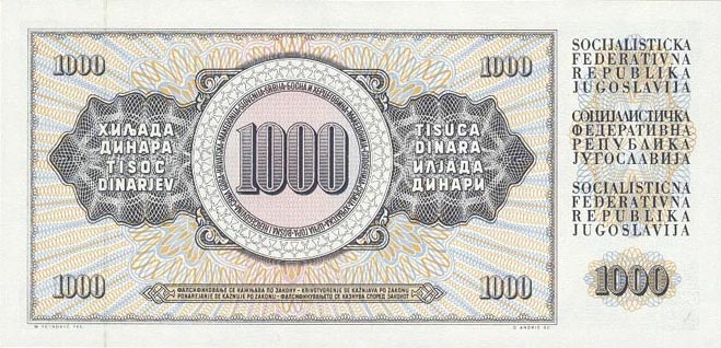 Back of Yugoslavia p92d: 1000 Dinara from 1981