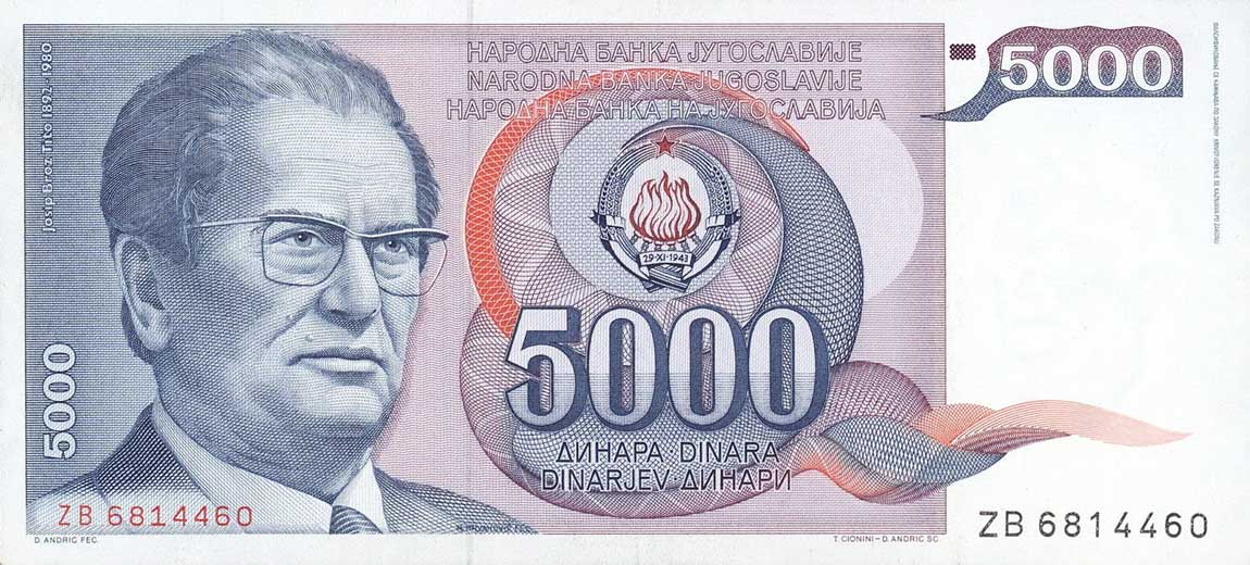 Front of Yugoslavia p93r: 5000 Dinara from 1985