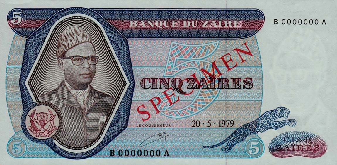 Front of Zaire p22s: 5 Zaires from 1979