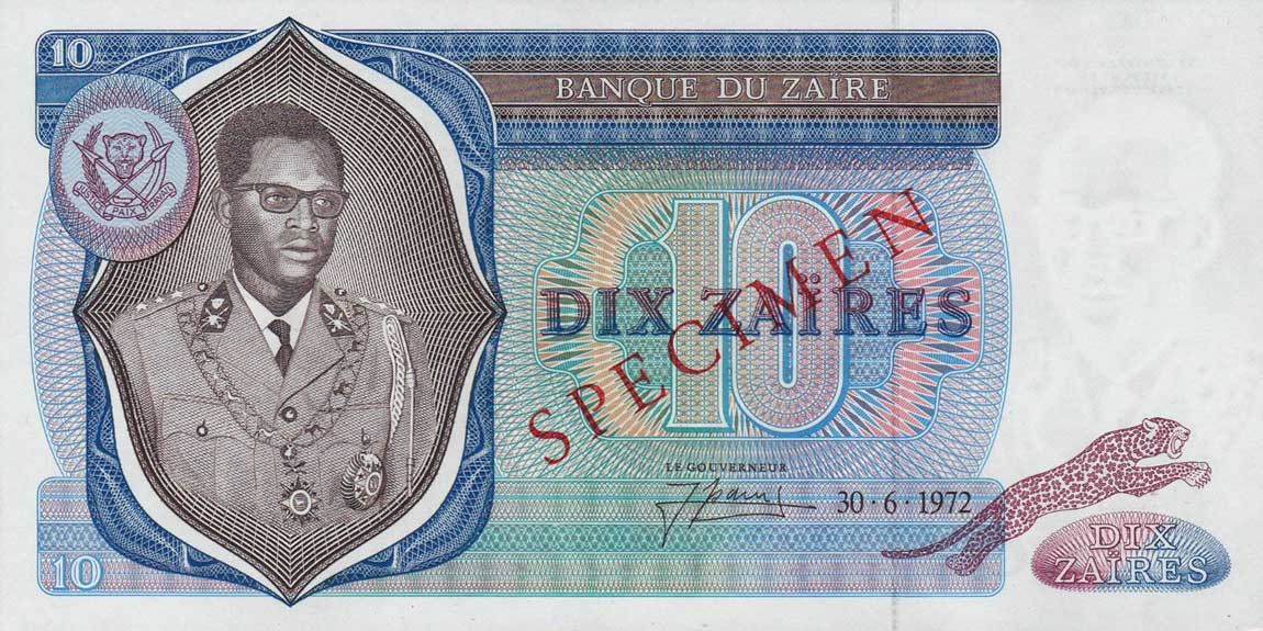 Front of Zaire p23s: 10 Zaires from 1972