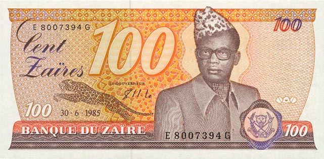 Front of Zaire p29b: 100 Zaires from 1985