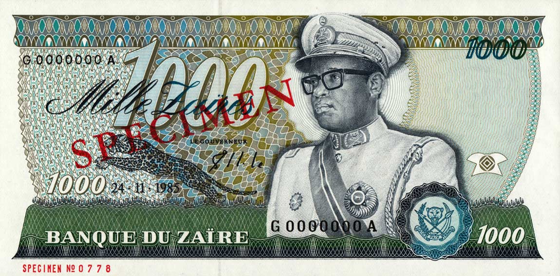 Front of Zaire p31s: 1000 Zaires from 1985