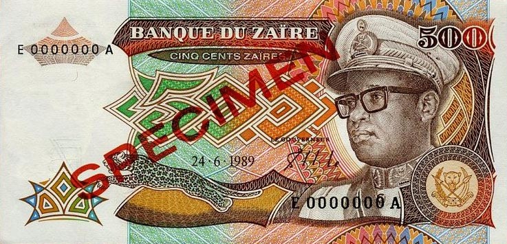 Front of Zaire p34s: 500 Zaires from 1989