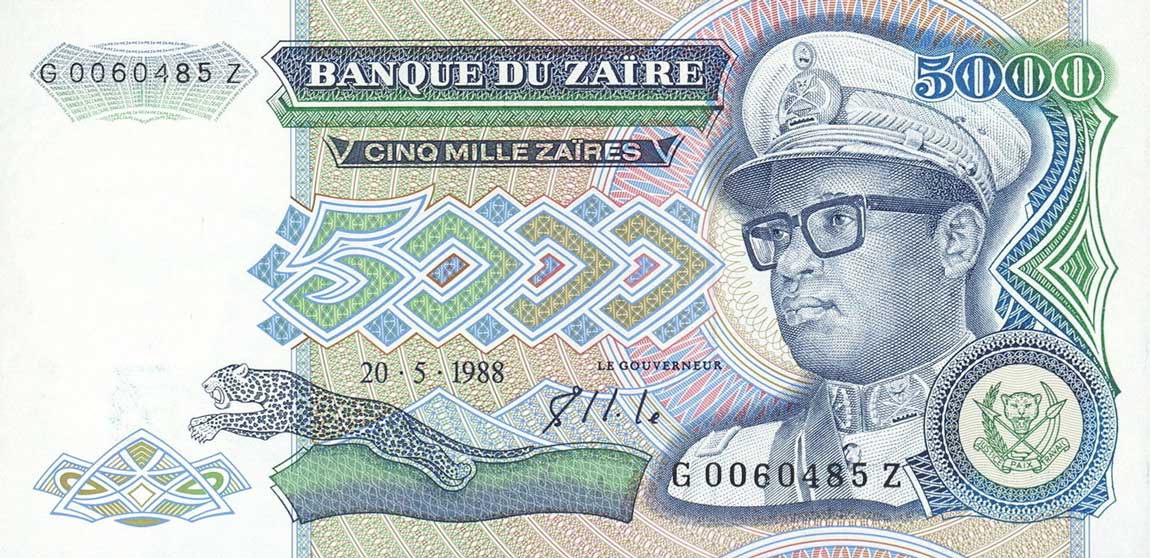 Front of Zaire p37r: 5000 Zaires from 1988