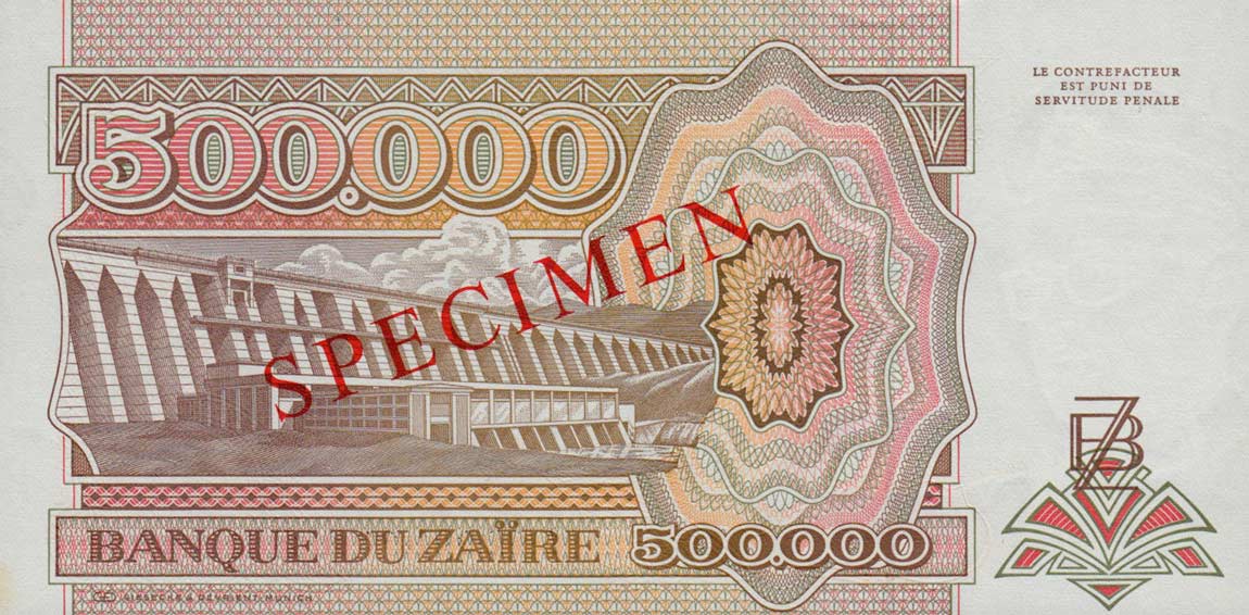 Back of Zaire p43s: 500000 Zaires from 1992