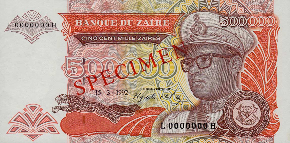 Front of Zaire p43s: 500000 Zaires from 1992