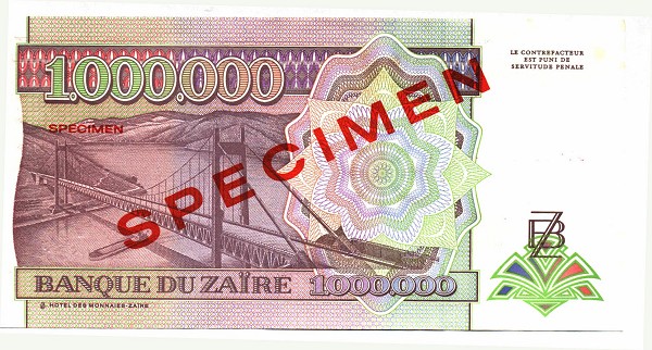 Back of Zaire p45s: 1000000 Zaires from 1993