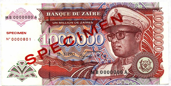 Front of Zaire p45s: 1000000 Zaires from 1993