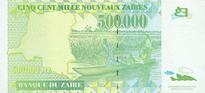 Back of Zaire p78a: 500000 Nouveau Zaires from 1996