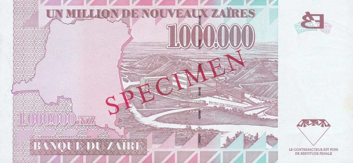 Back of Zaire p79s: 1000000 Nouveau Zaire from 1996