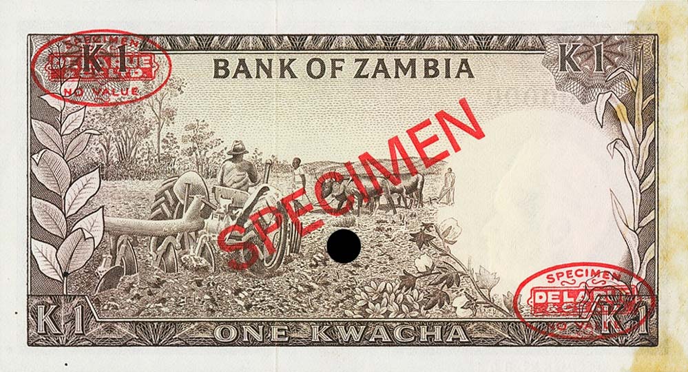 Back of Zambia p10s: 1 Kwacha from 1969