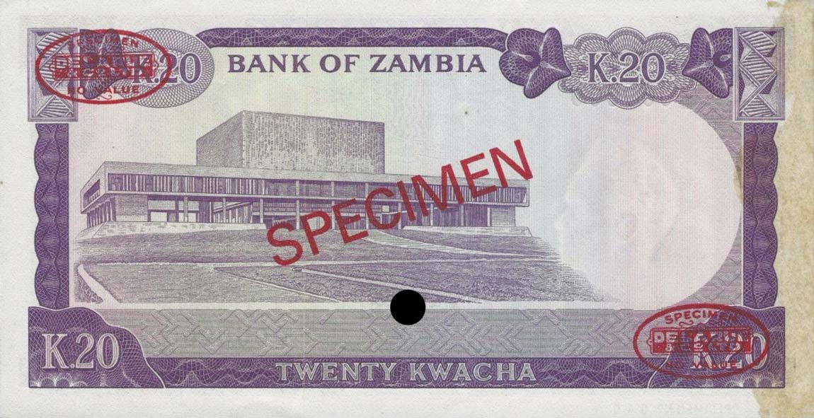 Back of Zambia p13s: 20 Kwacha from 1969