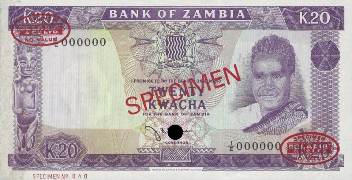 Front of Zambia p13s: 20 Kwacha from 1969