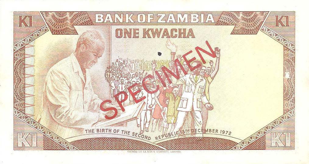 Back of Zambia p16s: 1 Kwacha from 1973