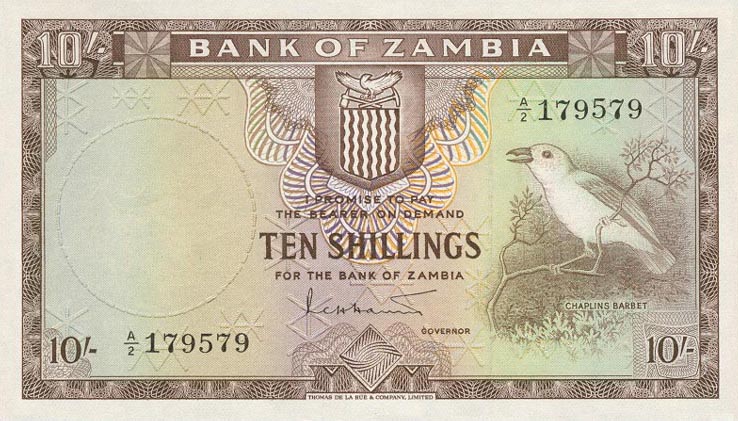 Front of Zambia p1a: 10 Shillings from 1964