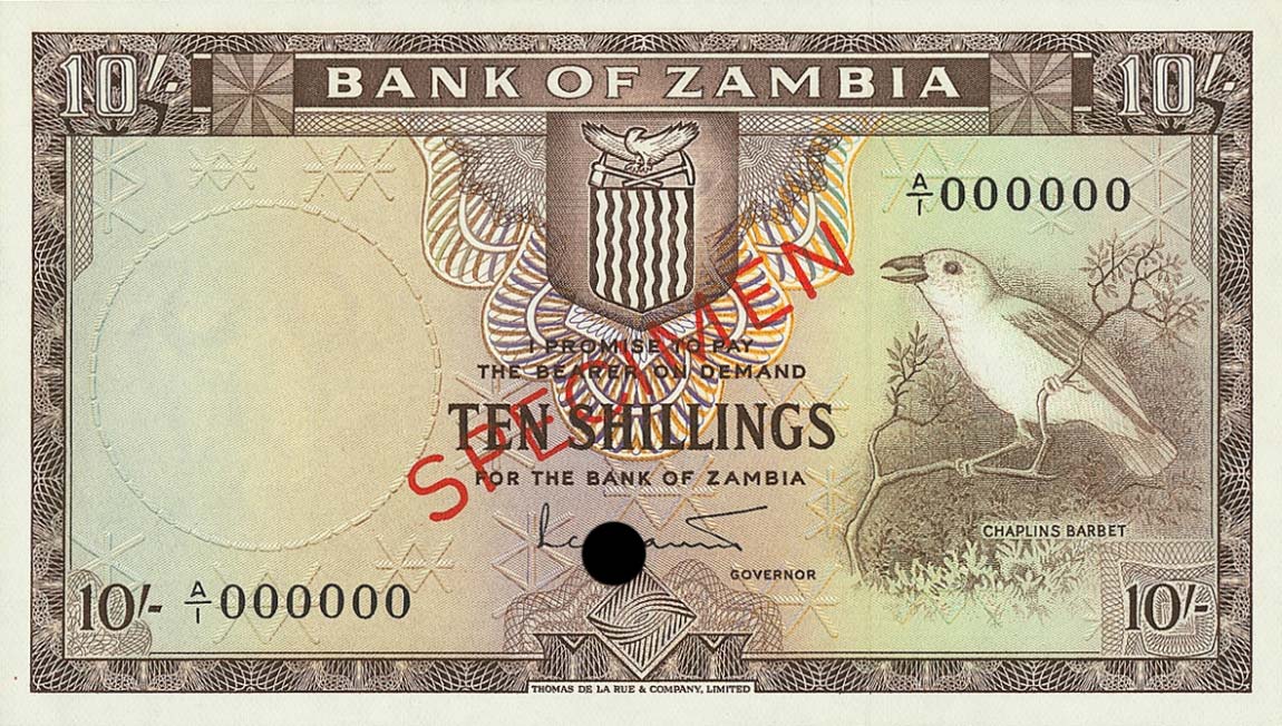 Front of Zambia p1s: 10 Shillings from 1964