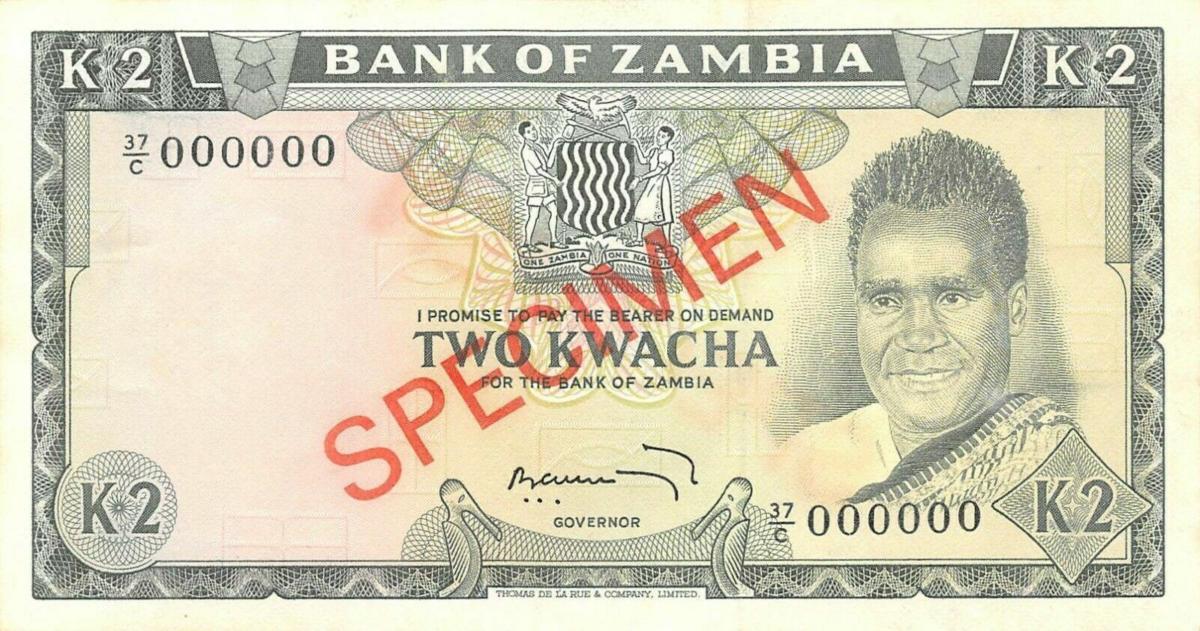 Front of Zambia p20s: 2 Kwacha from 1974