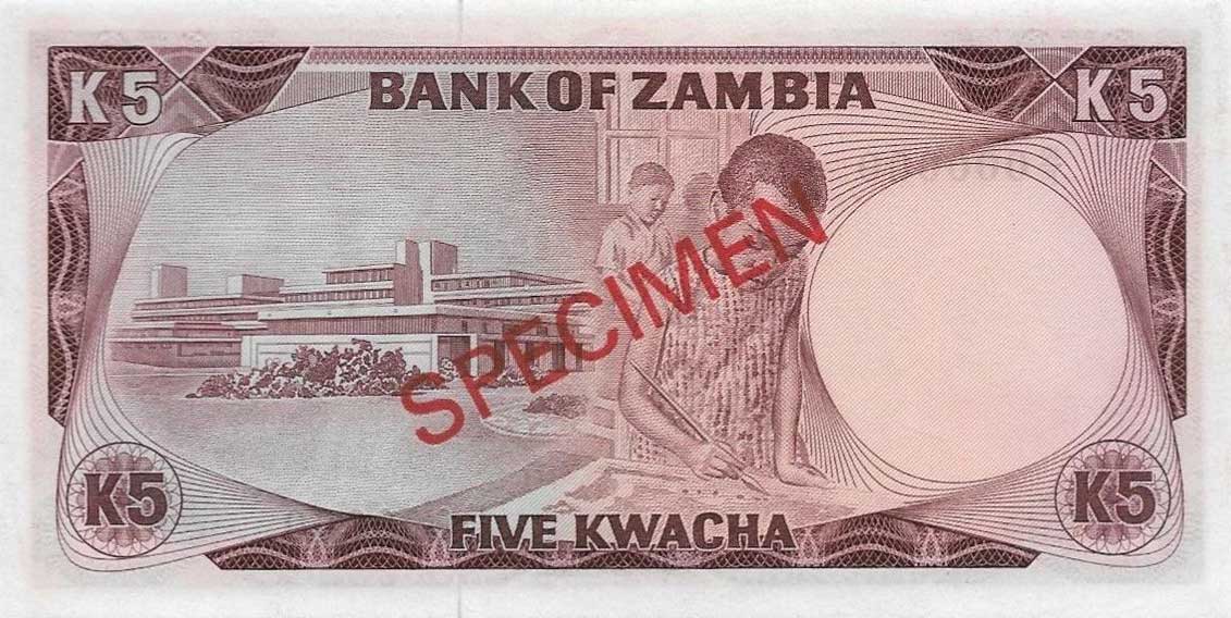 Back of Zambia p21s: 5 Kwacha from 1976