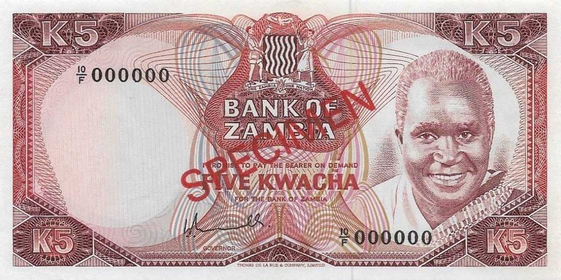 Front of Zambia p21s: 5 Kwacha from 1976