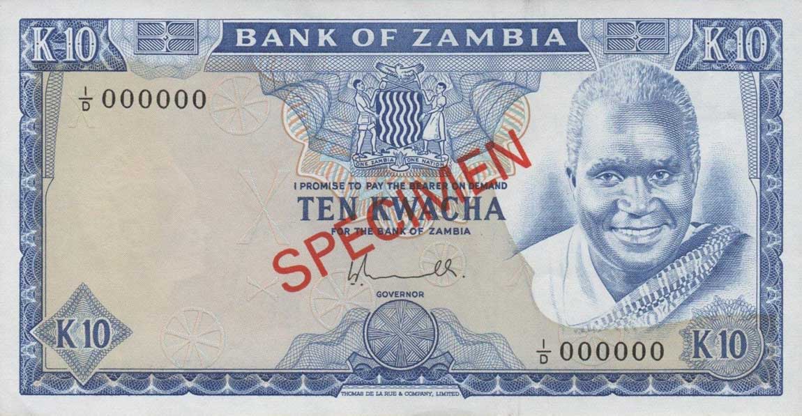 Front of Zambia p22s: 10 Kwacha from 1976