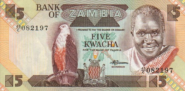 Front of Zambia p25d: 5 Kwacha from 1980