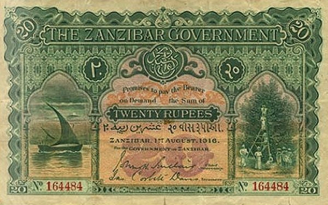 Front of Zanzibar p4a: 20 Rupees from 1908