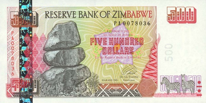 Front of Zimbabwe p10: 500 Dollars from 2001
