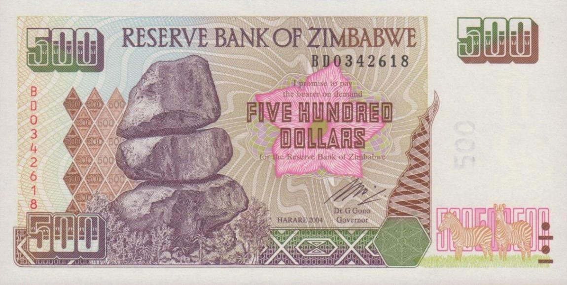 Front of Zimbabwe p11b: 500 Dollars from 2004