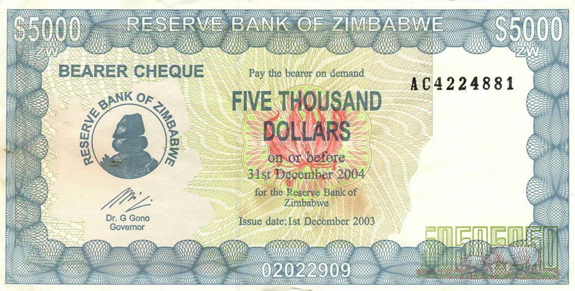 Front of Zimbabwe p21d: 5000 Dollars from 2004