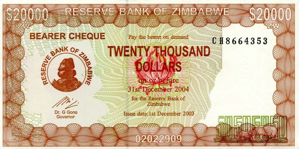 Front of Zimbabwe p23c: 20000 Dollars from 2004