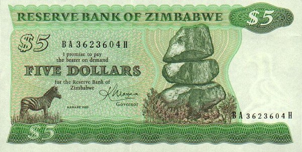 Front of Zimbabwe p2c: 5 Dollars from 1983