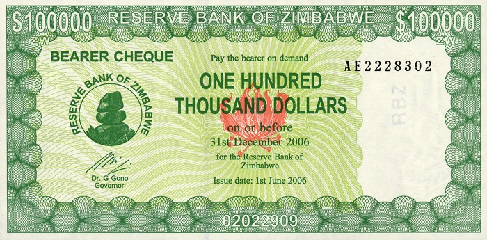 Front of Zimbabwe p32: 100000 Dollars from 2006